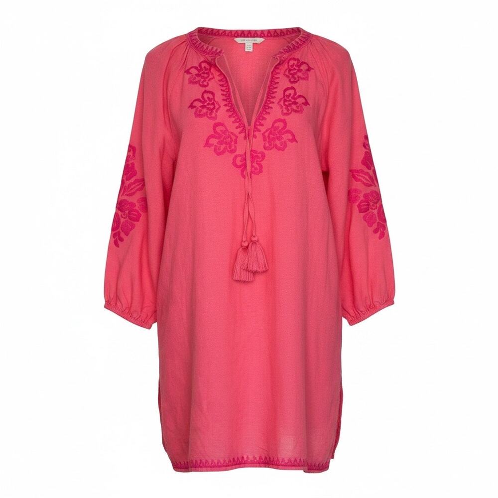 Tommy Bahama Coral Embroidered Tunic Dress Linen Blend Tassel Tie Size M Resort